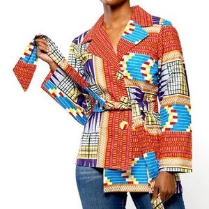 African Print Ankara Multicolor Kente Handmade Cotton Belted Blazer Size M